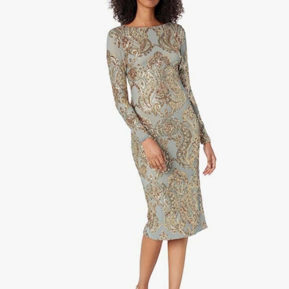 Dress the Population Women's Emery Long Sleeve Stretch Sequin Midi Sheath xxl